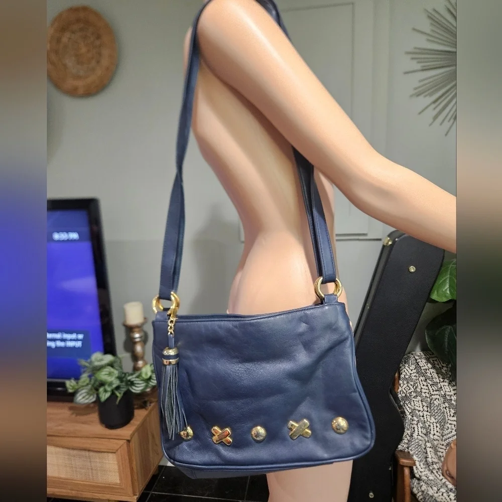Vintage FIRST EDITION Navy Leather Crossbody Bag Gold Hardware Tassel.